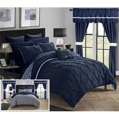 CHIC HOME Chic Home CS0574-US Pinch Pleated Design Reversible Chevron Pattern Comforter Set with Sheets; Window Treatments & Decorative Pillows - Navy - King - 20 Piece CS0574-US